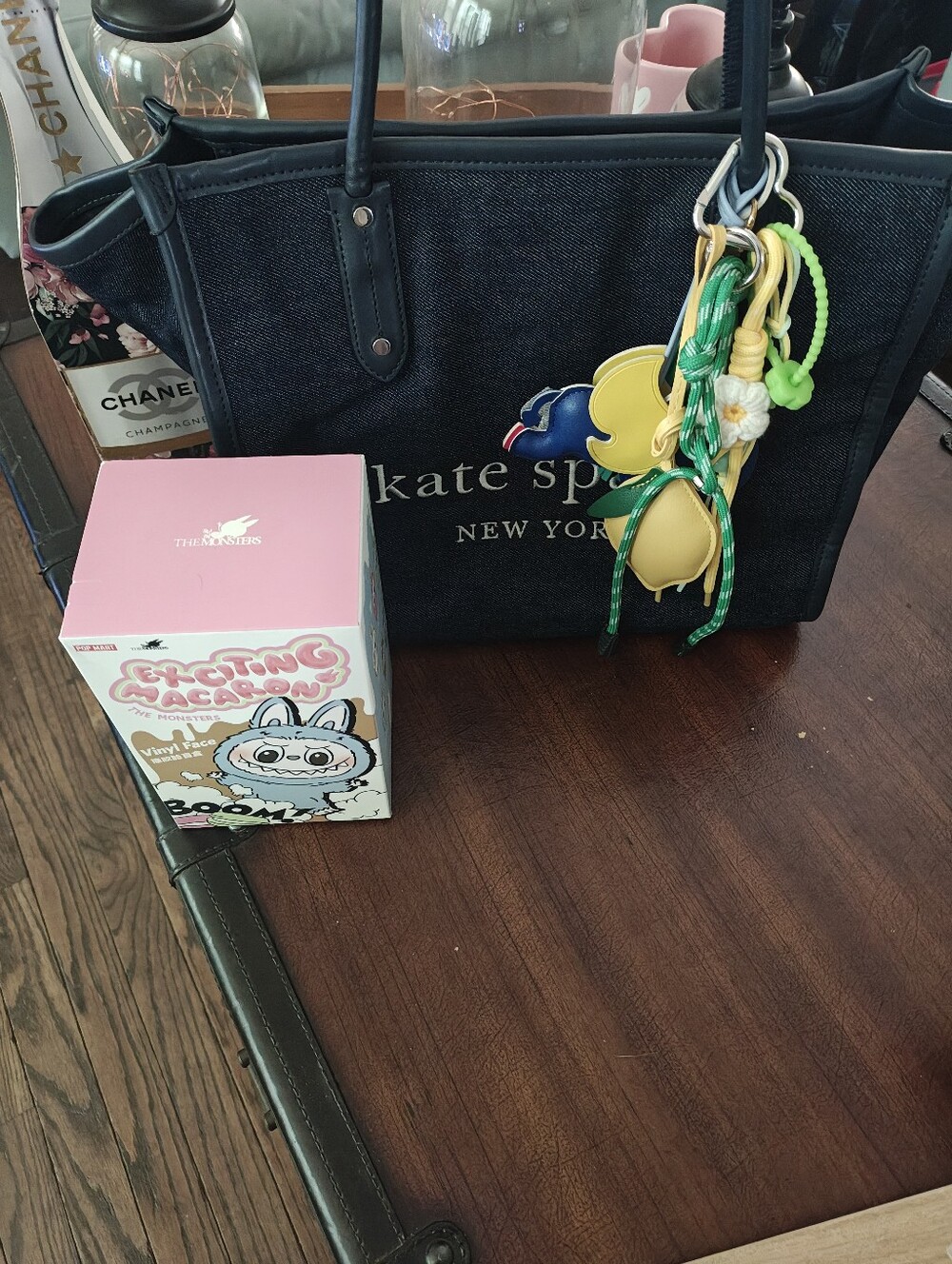 Kate Spade Ella Navy Denim Canvas Tote with Bag Charms And Labubu